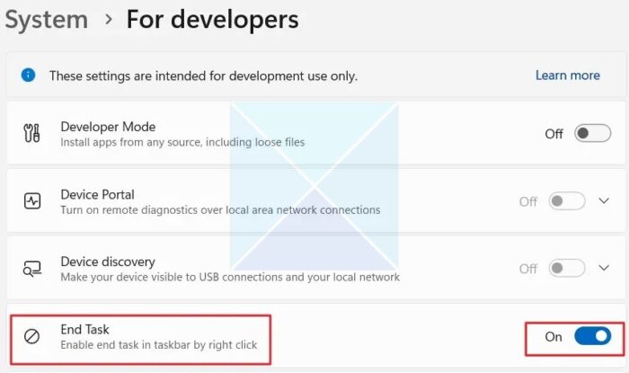 Toggle On End Task On Windows Developer Settings