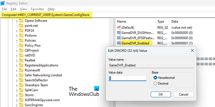 GameDVR_Enabled key in Registry