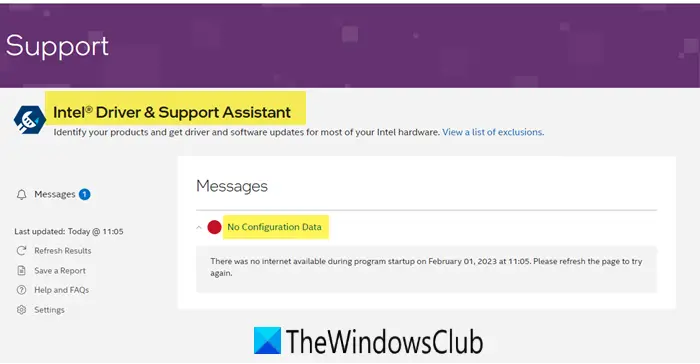 Intel Driver and Support Assistant No configuration data
