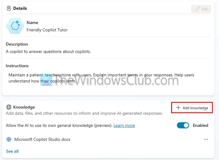 Add Knowledge Copilot Studio