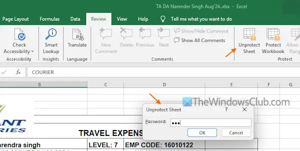 unprotect excel sheet