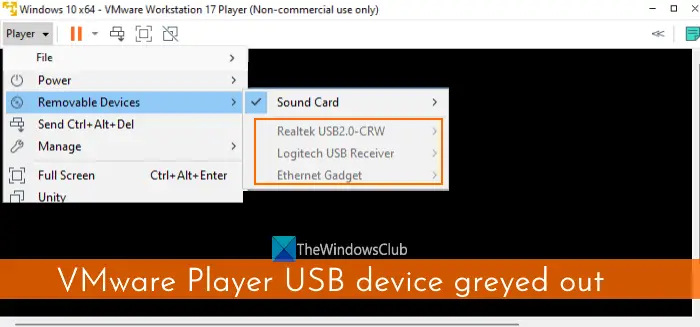 VMware Player USB device greyed out