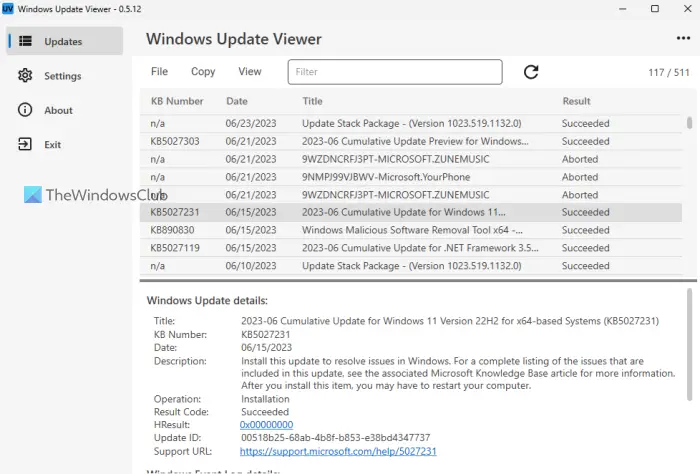 Windows Update Viewer: Windows Update履歴を詳細に表示し、データをCSVまたはTXTとしてエクスポートします。