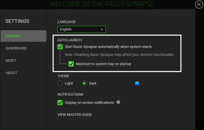 Configure auto launch settings in Razer Synapse